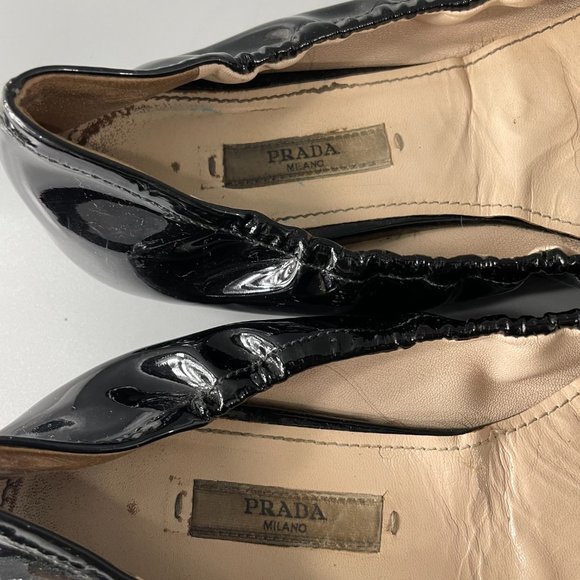 Prada Black Patent Leather Ballet Flats with Crystal on Front, Size 39 - Picture 11 of 14